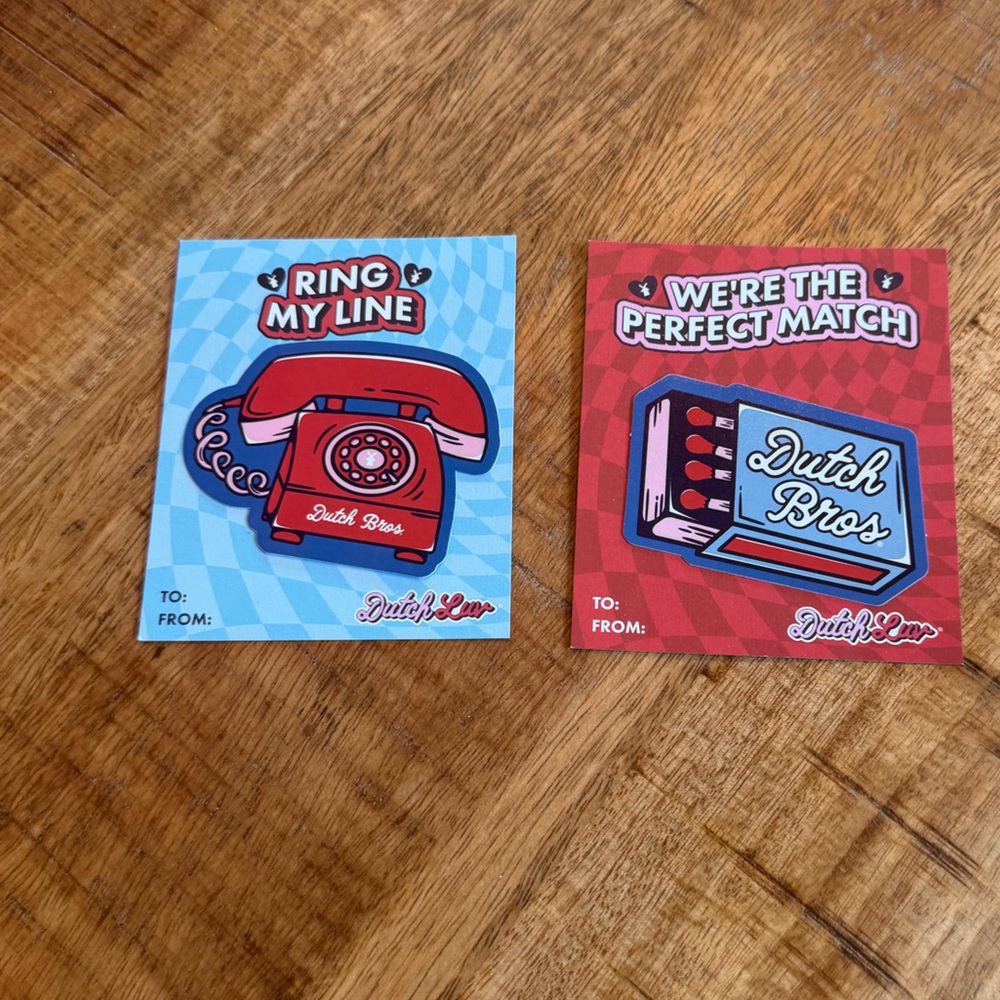 Dutch Bros Red and Blue Valentine Cards and 2 sticker set